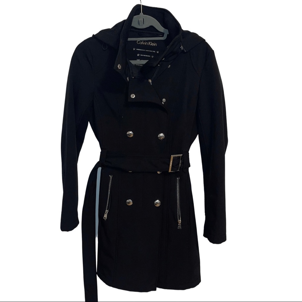 Calvin Klein Black Double-Breasted Trench with Hood and Belt